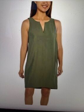 Banana Republic Sleeveless Satin Olive Shift Dress with Notch Neck and pockets M